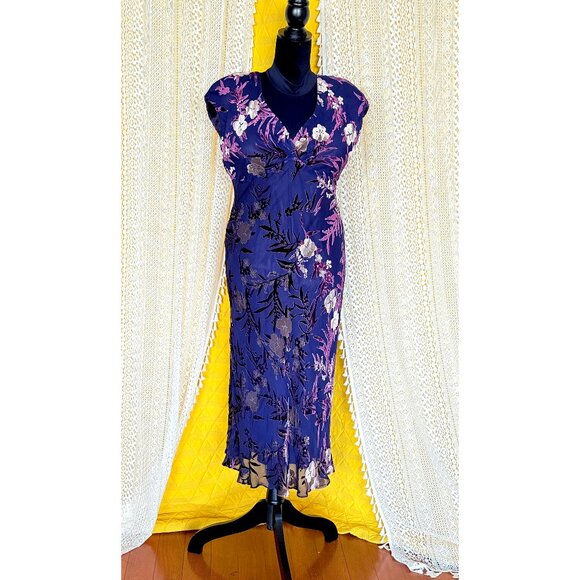 VTG 90s Purple Velvet Burnout Silk Floral Maxi Slip Dress Size 14 Whimsigoth - Picture 1 of 11